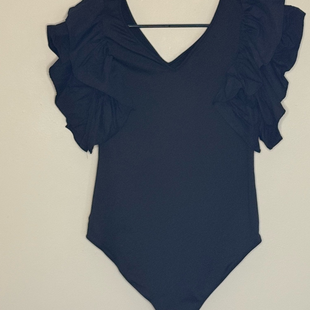 Black Ruffled Sleeve Bodysuit Top